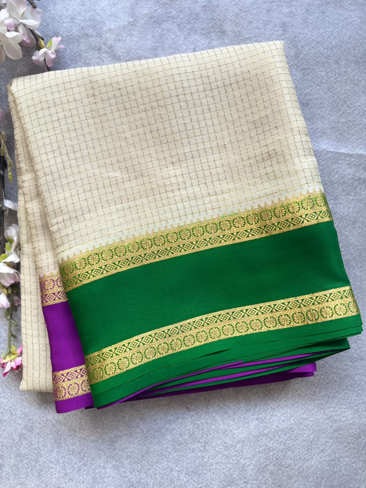 Cream GJ Checks Pure Mysore Crepe Silk Saree 109