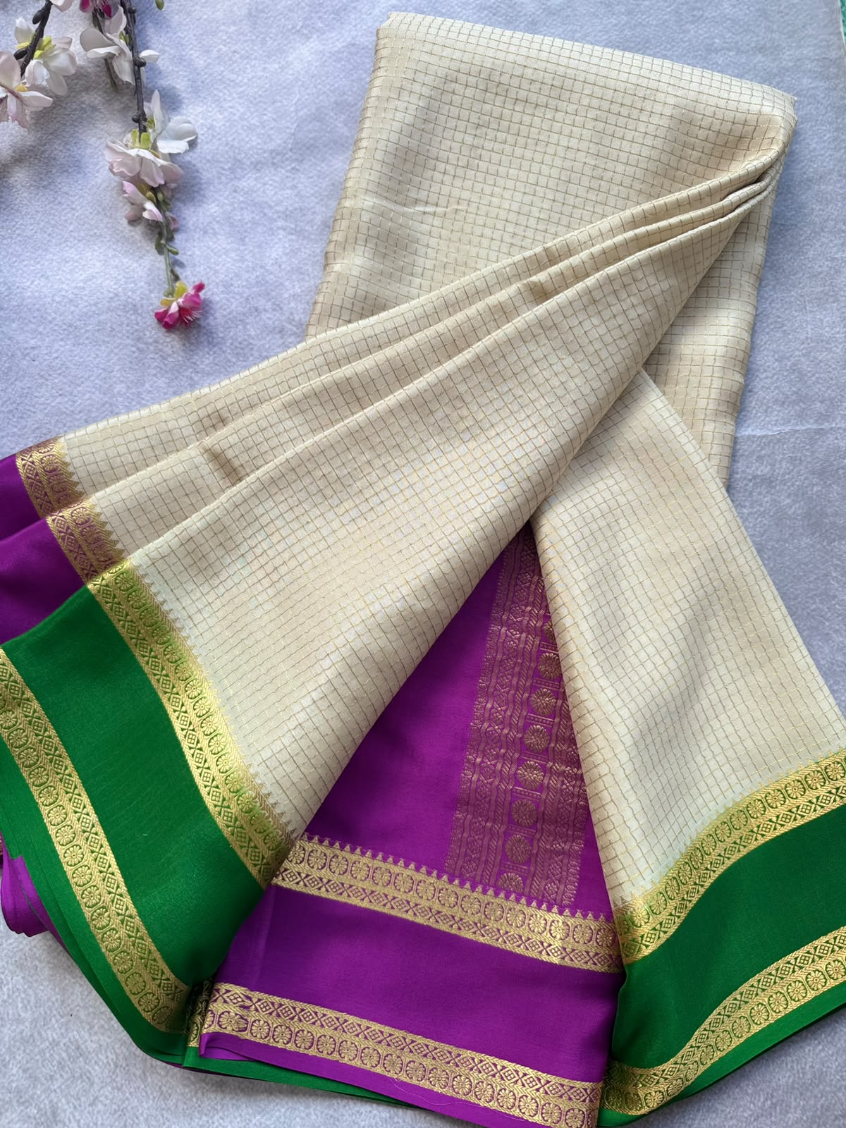 Cream GJ Checks Pure Mysore Crepe Silk Saree 109