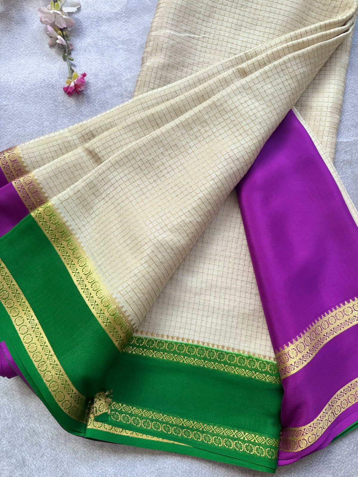Cream GJ Checks Pure Mysore Crepe Silk Saree 109