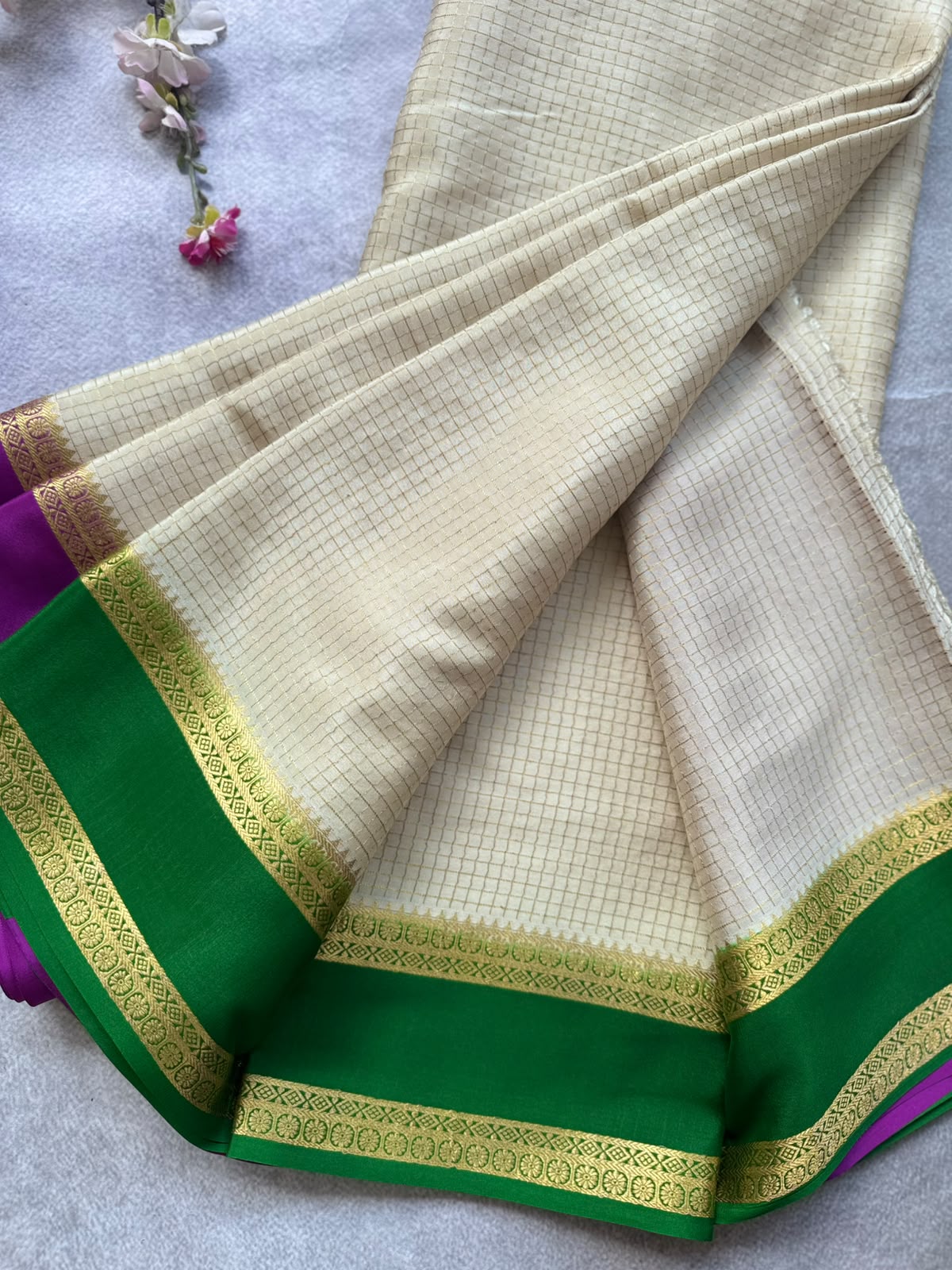 Cream GJ Checks Pure Mysore Crepe Silk Saree 109