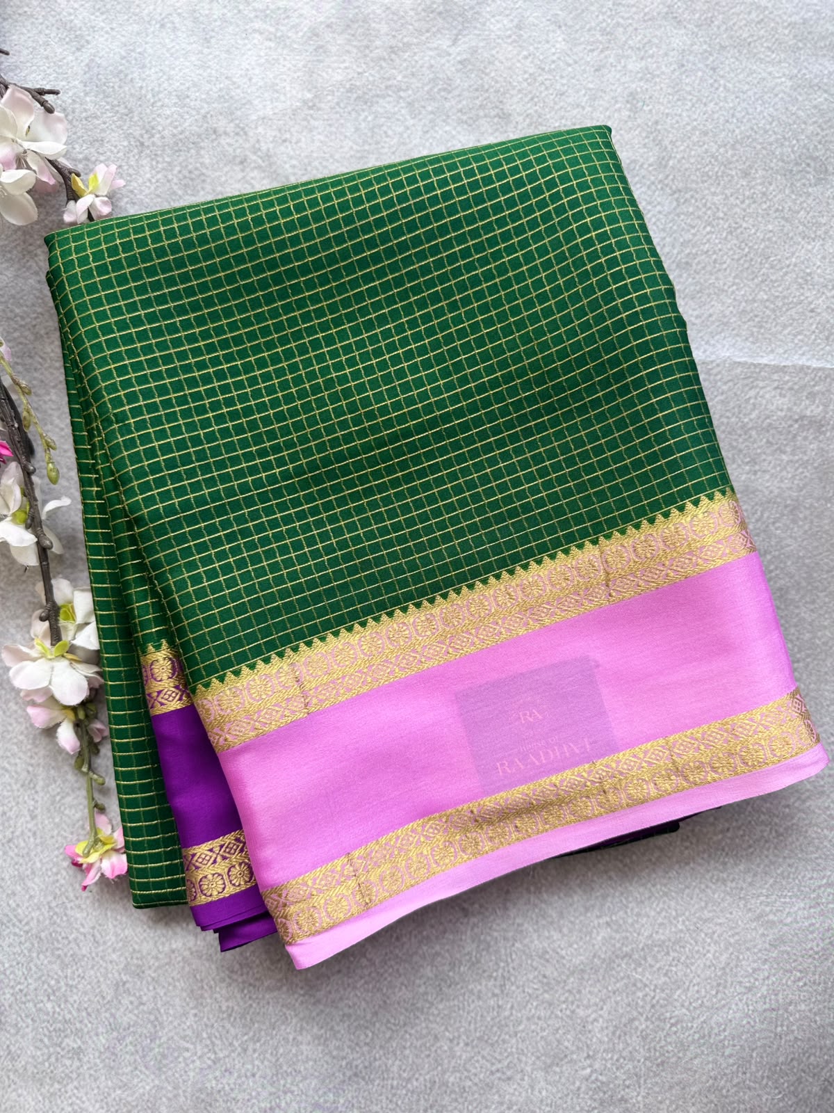Green GJ Checks Pure Mysore Crepe Silk Saree 109