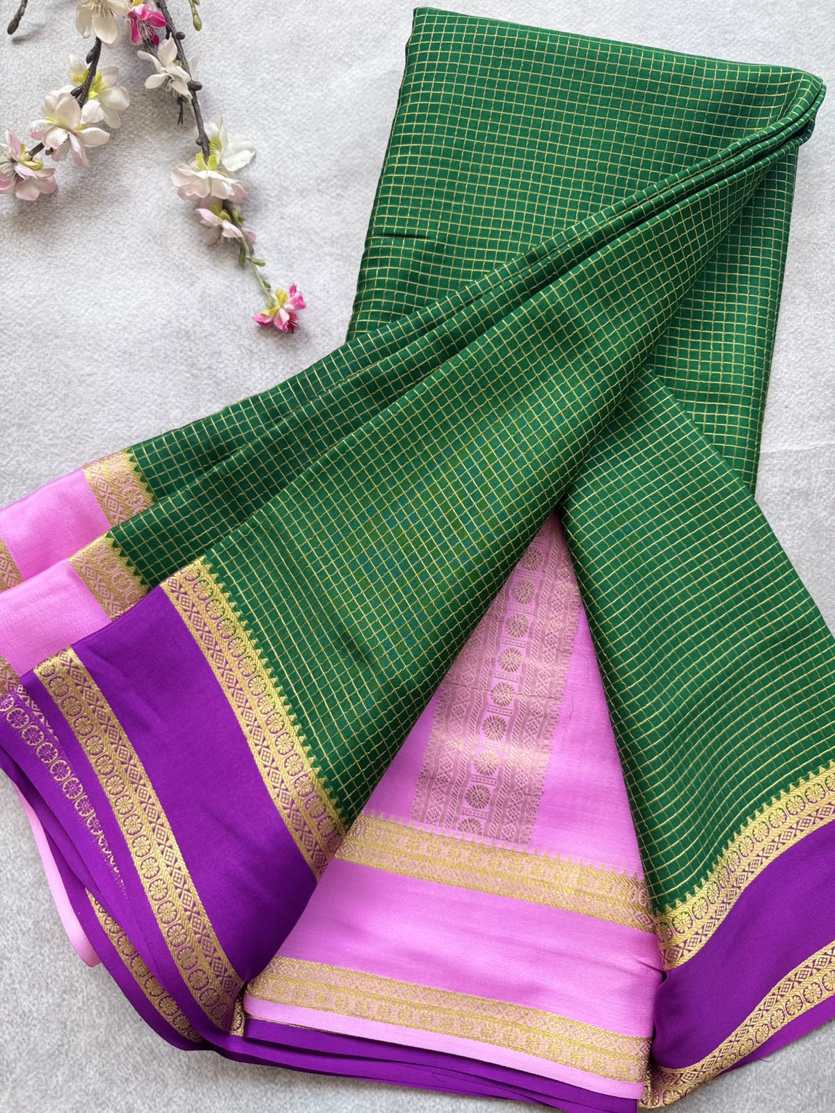 Green GJ Checks Pure Mysore Crepe Silk Saree 109
