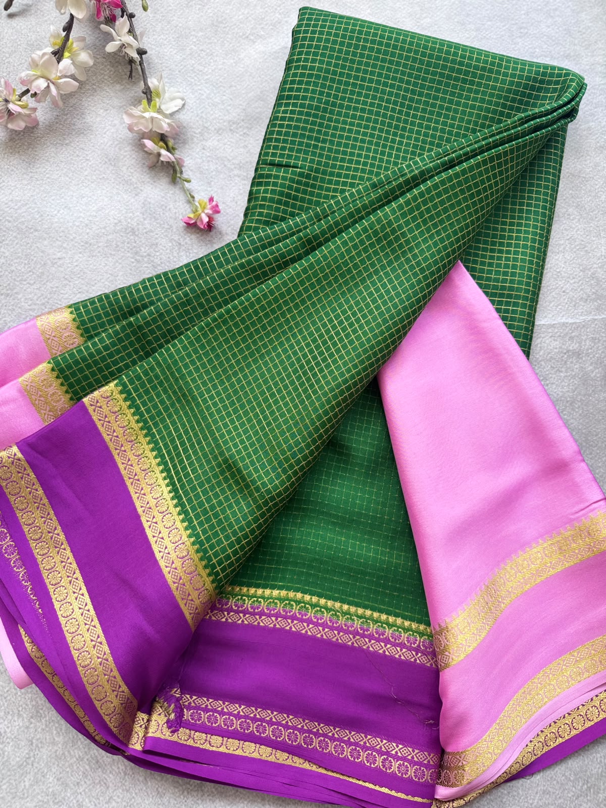 Green GJ Checks Pure Mysore Crepe Silk Saree 109
