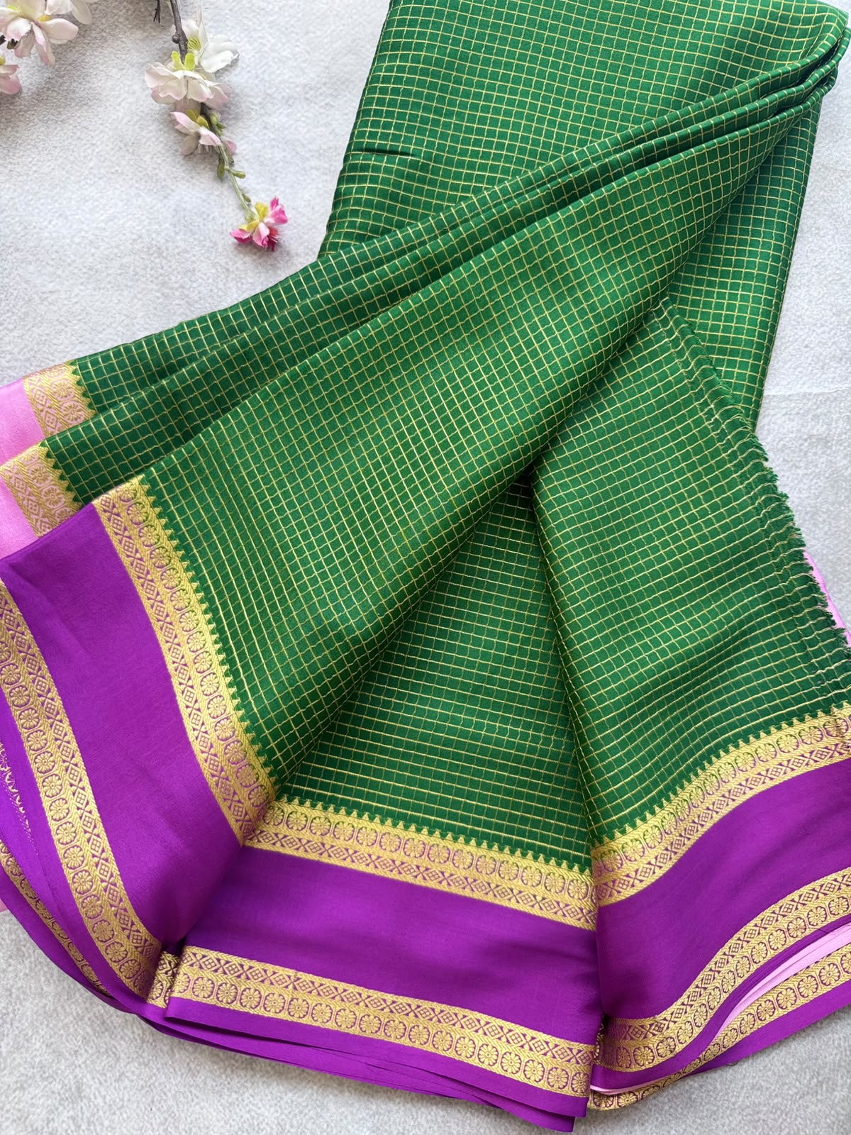 Green GJ Checks Pure Mysore Crepe Silk Saree 109