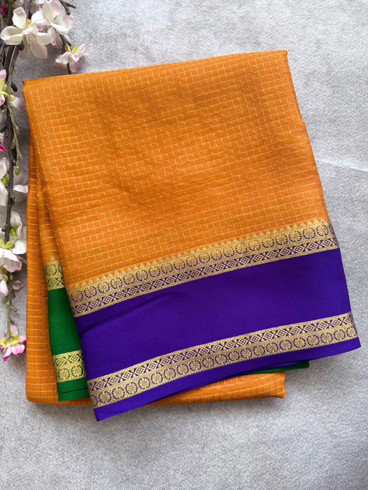 Orange GJ Checks Pure Mysore Crepe Silk Saree 109