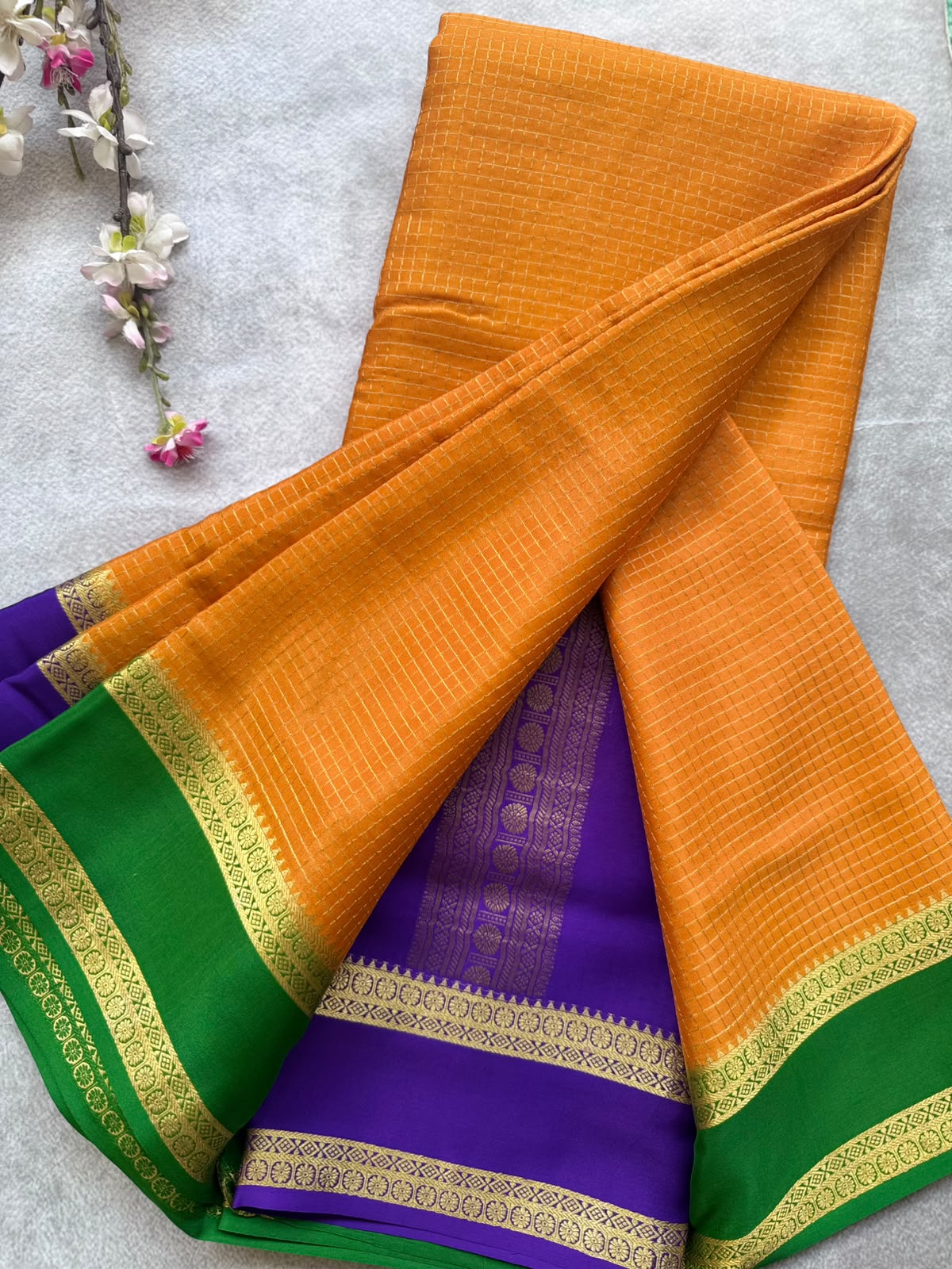 Orange GJ Checks Pure Mysore Crepe Silk Saree 109