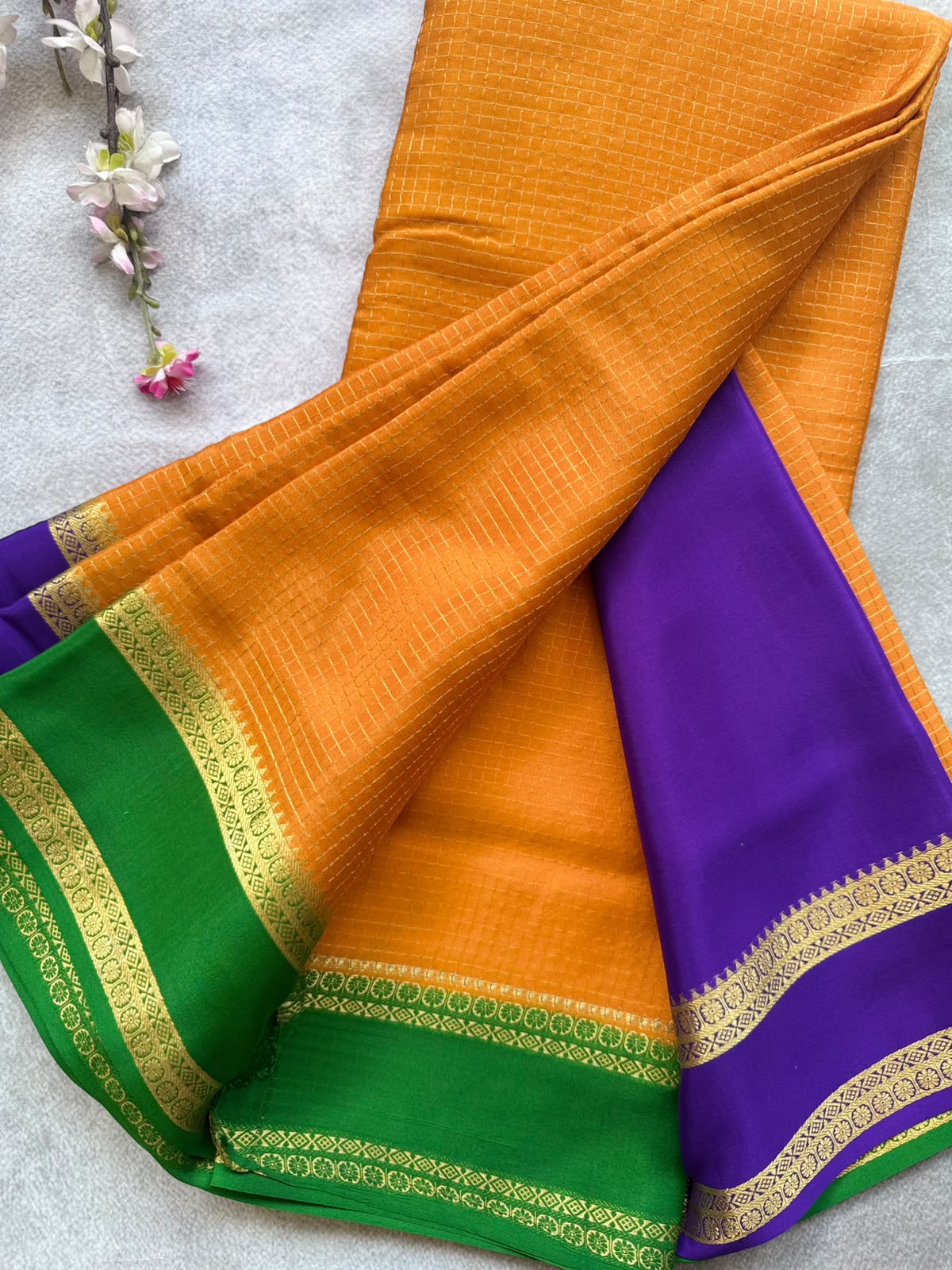Orange GJ Checks Pure Mysore Crepe Silk Saree 109