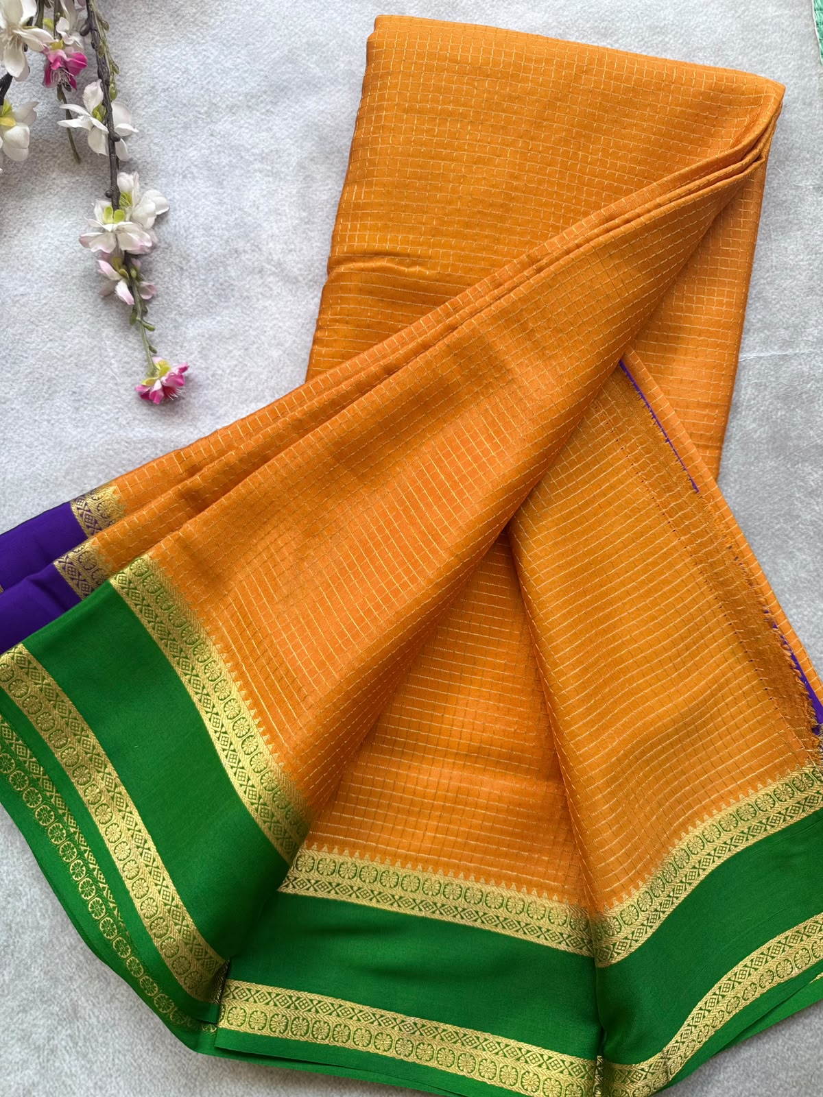 Orange GJ Checks Pure Mysore Crepe Silk Saree 109