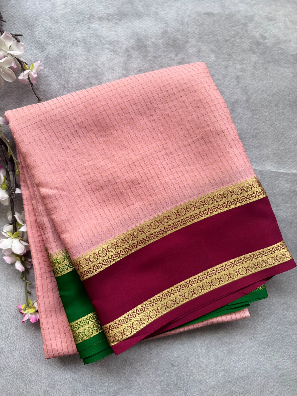 Peach GJ Checks Pure Mysore Crepe Silk Saree 109
