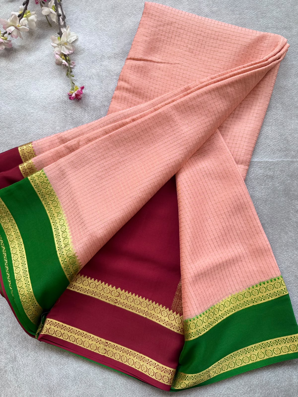 Peach GJ Checks Pure Mysore Crepe Silk Saree 109