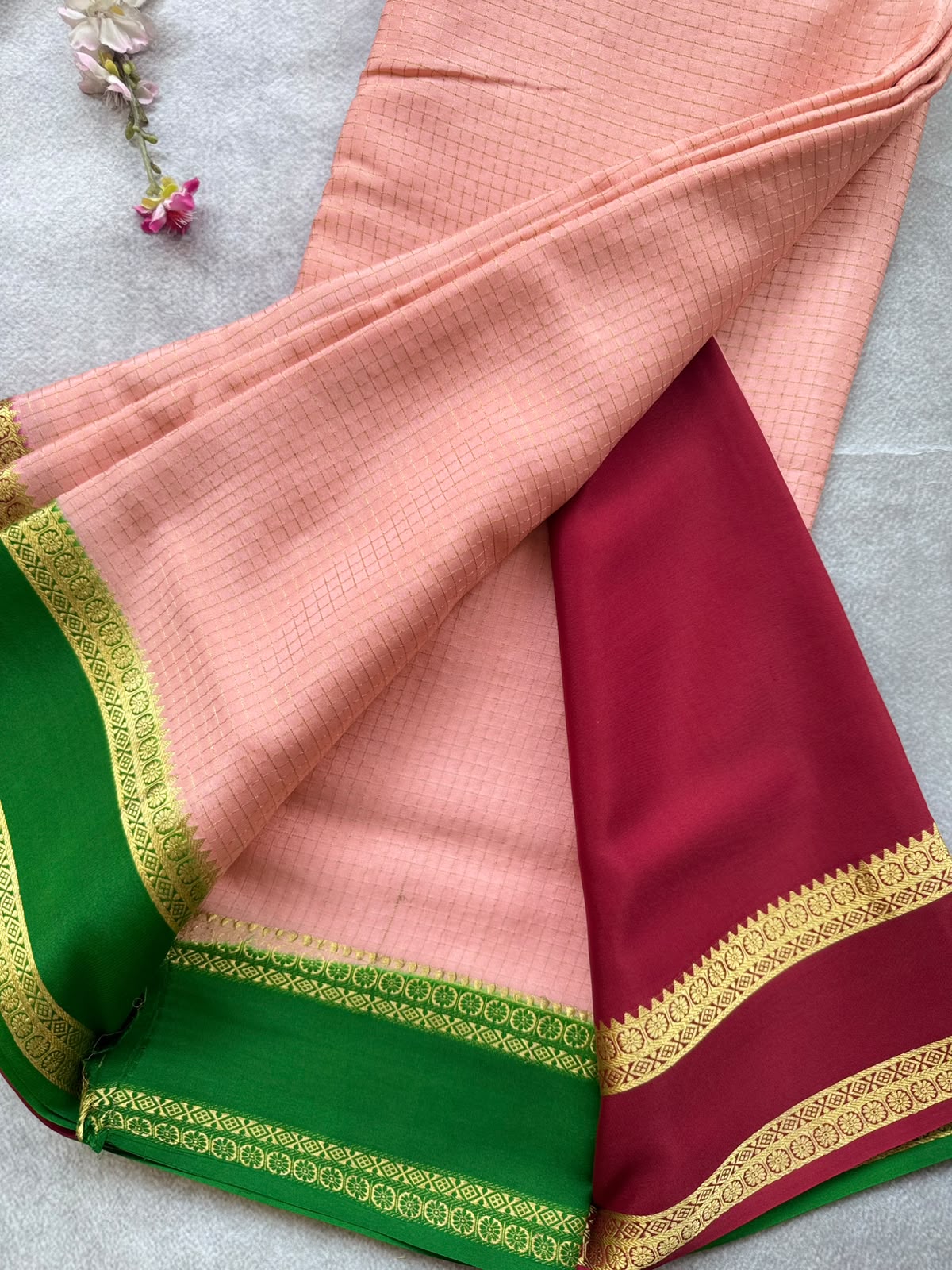 Peach GJ Checks Pure Mysore Crepe Silk Saree 109