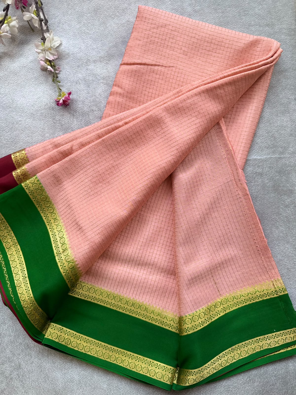 Peach GJ Checks Pure Mysore Crepe Silk Saree 109