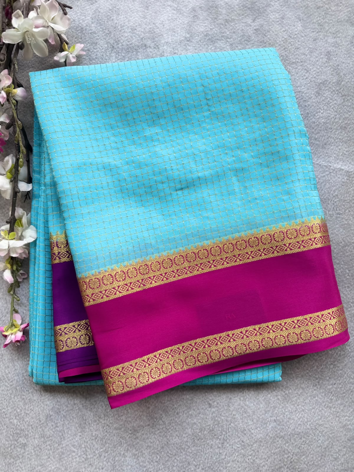 Blue GJ Checks Pure Mysore Crepe Silk Saree 109