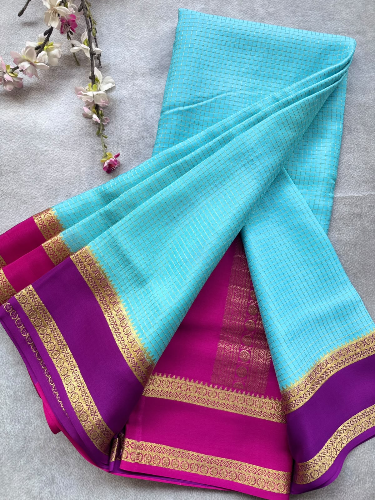 Blue GJ Checks Pure Mysore Crepe Silk Saree 109