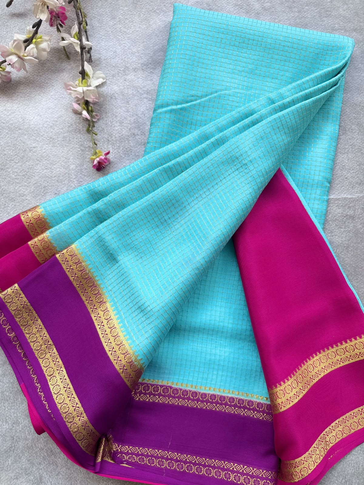 Blue GJ Checks Pure Mysore Crepe Silk Saree 109