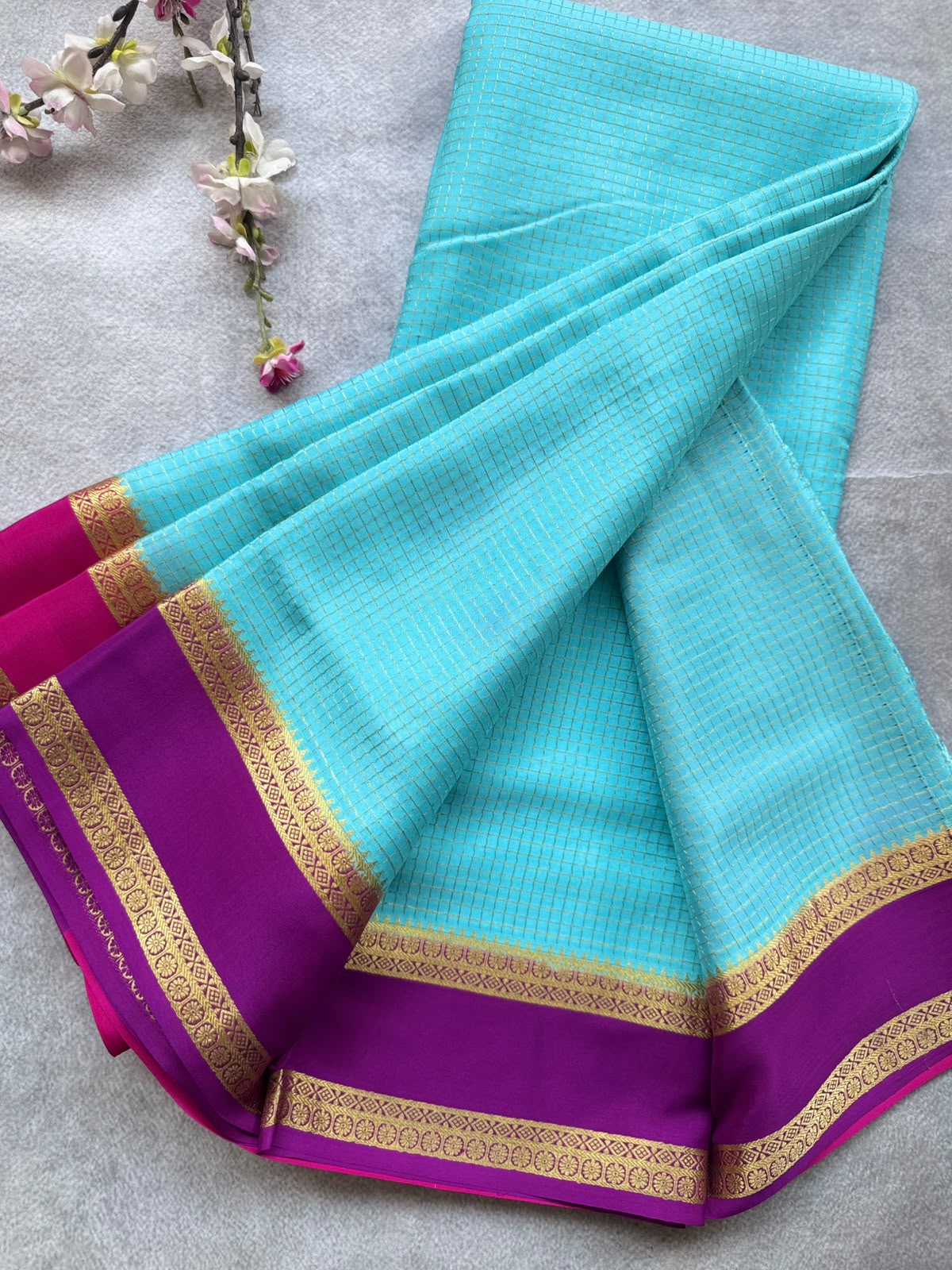 Blue GJ Checks Pure Mysore Crepe Silk Saree 109