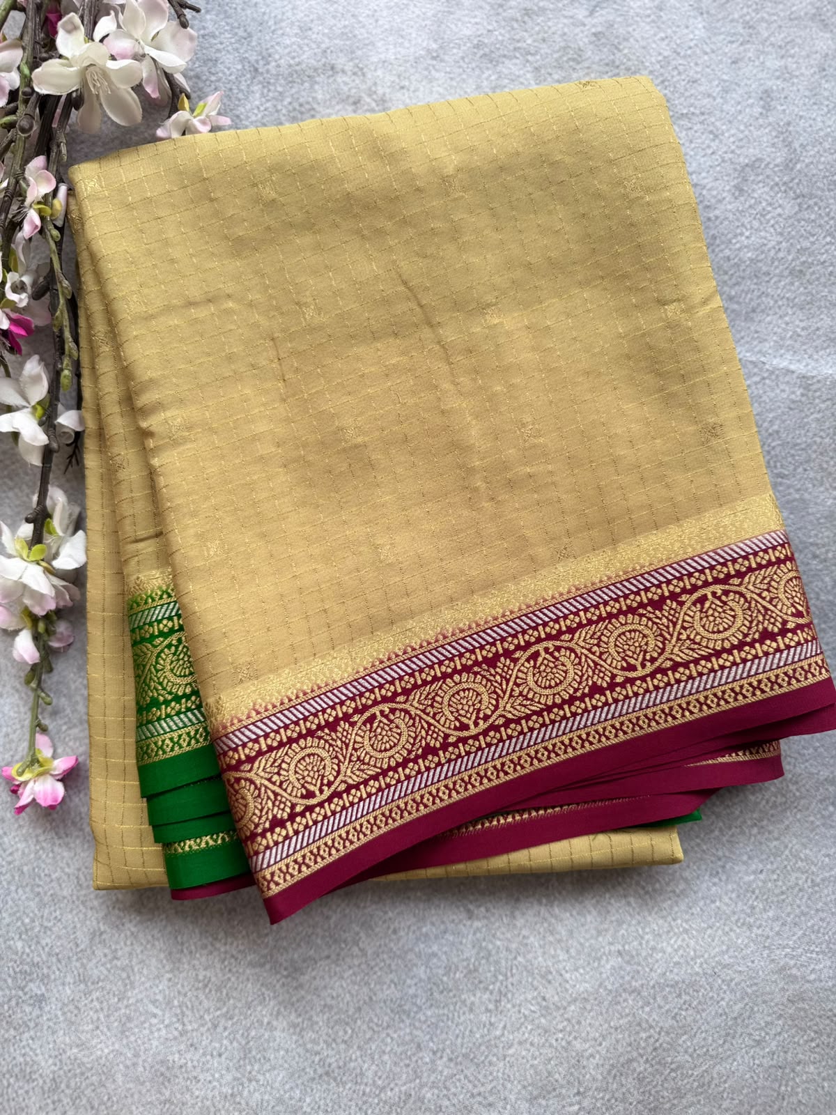 Beige GJ Checks Pure Mysore Crepe Silk Saree 109
