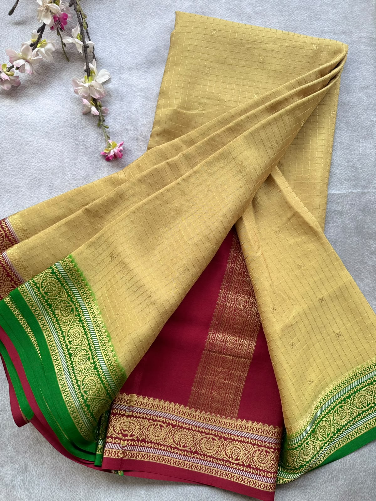 Beige GJ Checks Pure Mysore Crepe Silk Saree 109
