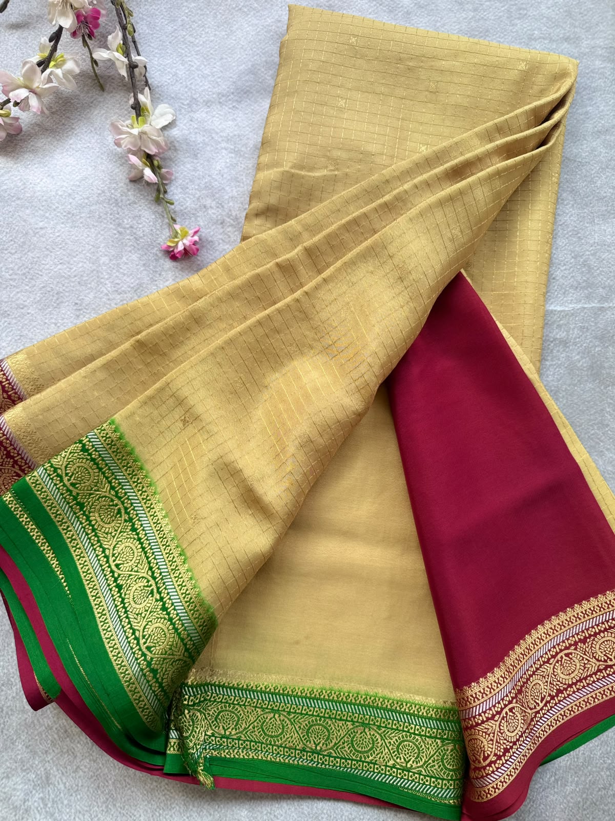 Beige GJ Checks Pure Mysore Crepe Silk Saree 109