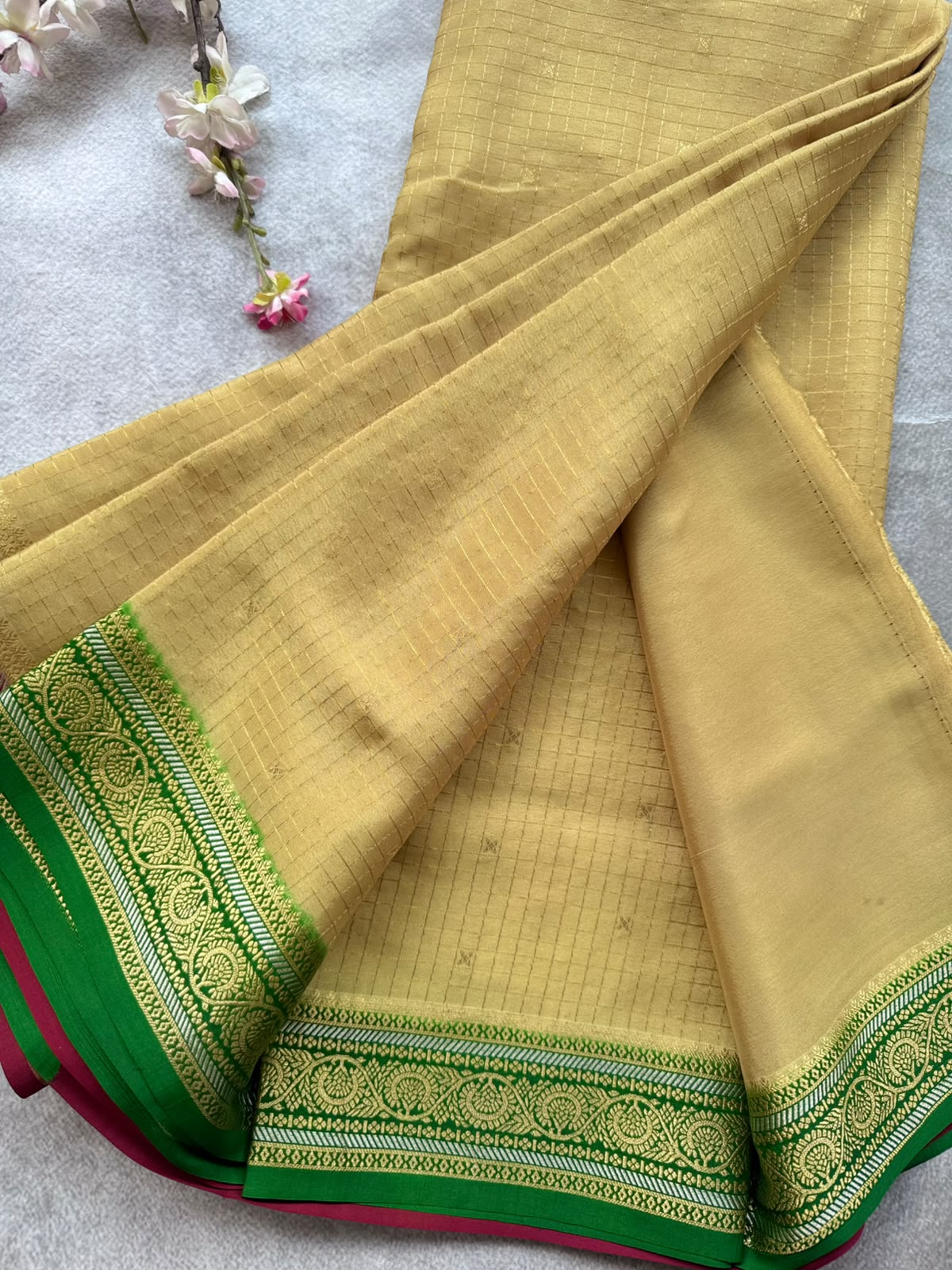 Beige GJ Checks Pure Mysore Crepe Silk Saree 109