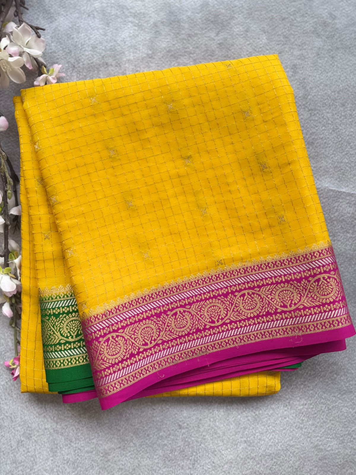 Yellow GJ Checks Pure Mysore Crepe Silk Saree 109