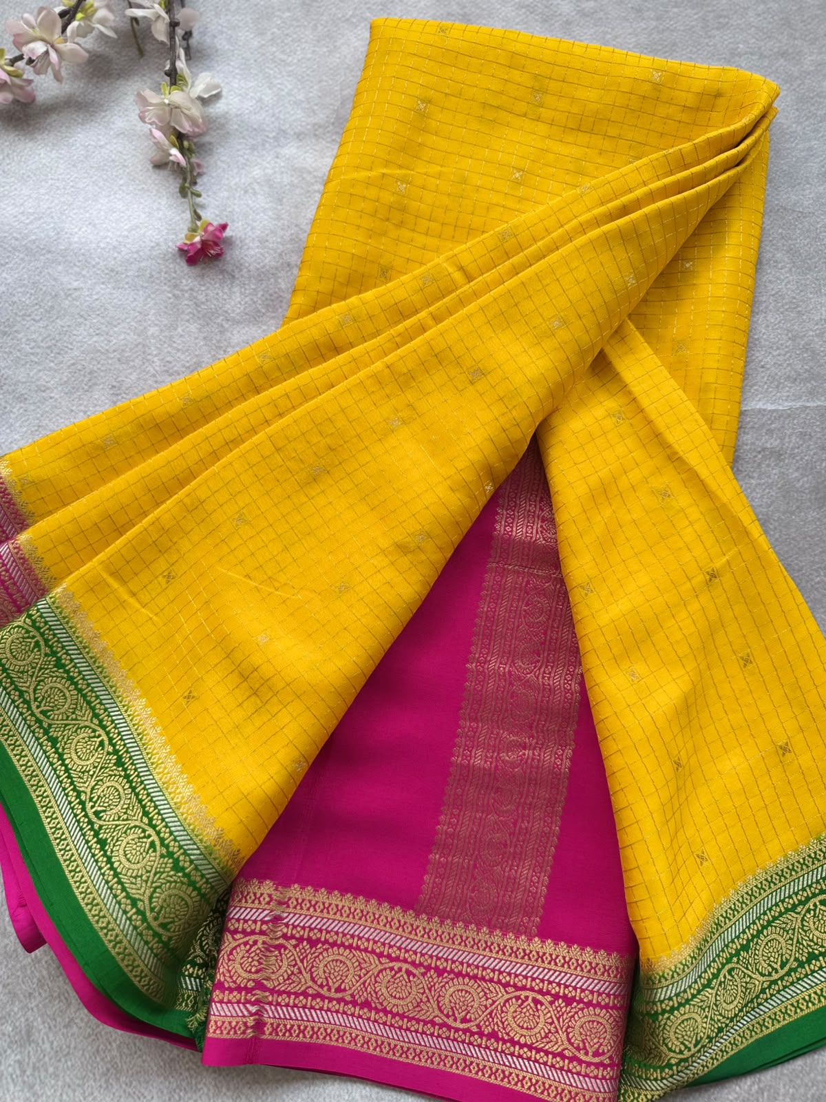Yellow GJ Checks Pure Mysore Crepe Silk Saree 109