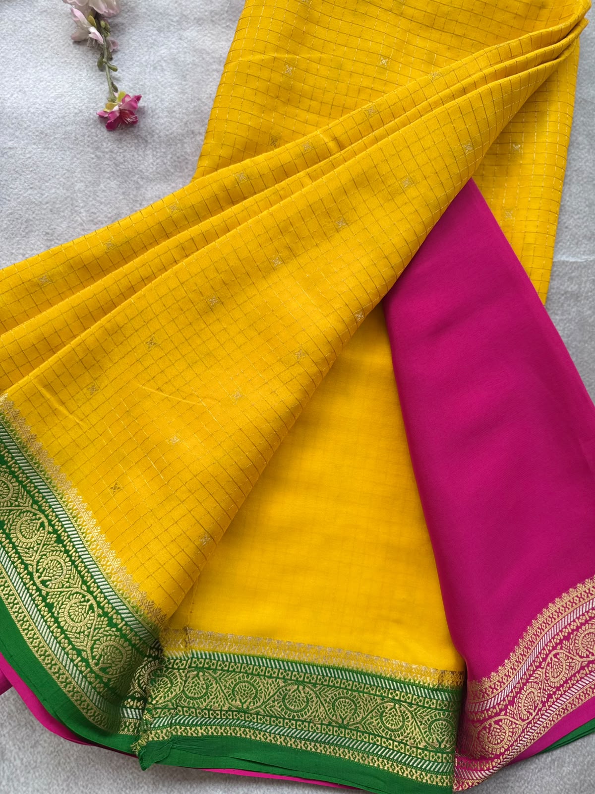 Yellow GJ Checks Pure Mysore Crepe Silk Saree 109