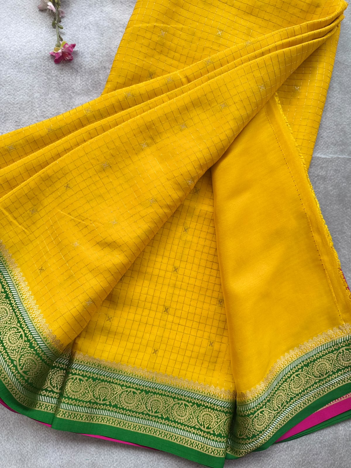 Yellow GJ Checks Pure Mysore Crepe Silk Saree 109