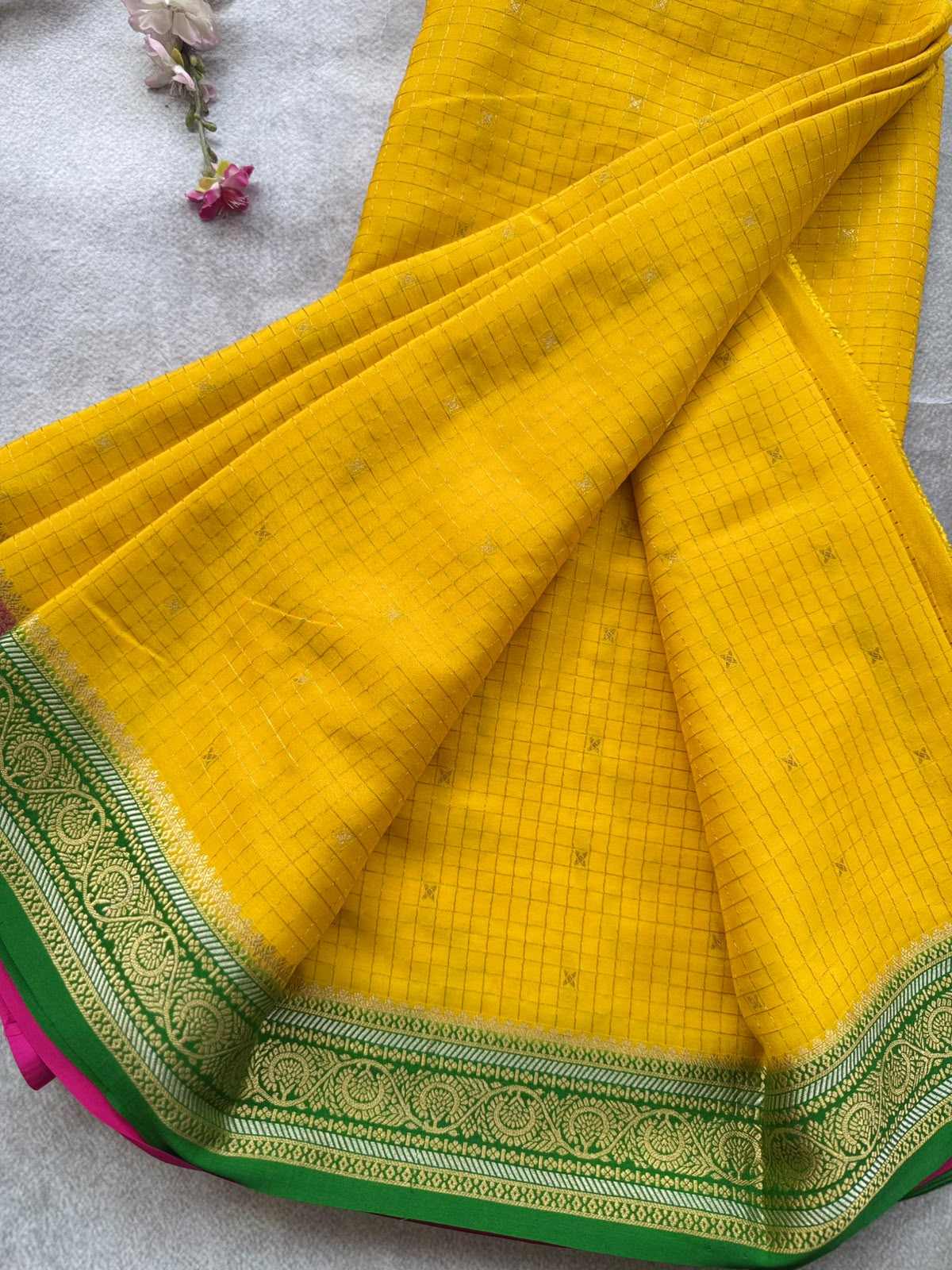 Yellow GJ Checks Pure Mysore Crepe Silk Saree 109