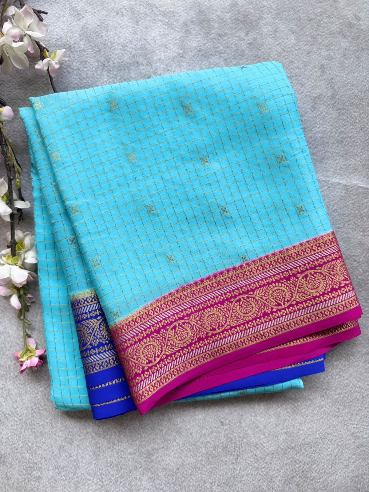 Blue GJ Checks Pure Mysore Crepe Silk Saree 109