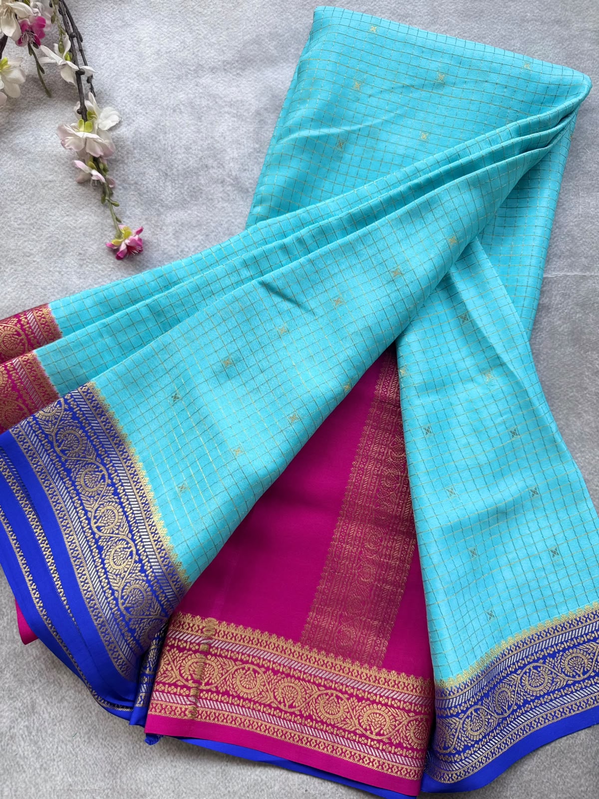 Blue GJ Checks Pure Mysore Crepe Silk Saree 109