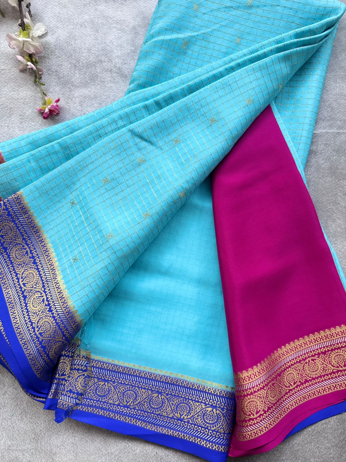 Blue GJ Checks Pure Mysore Crepe Silk Saree 109