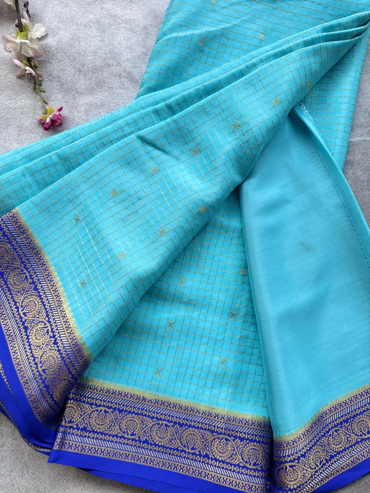 Blue GJ Checks Pure Mysore Crepe Silk Saree 109