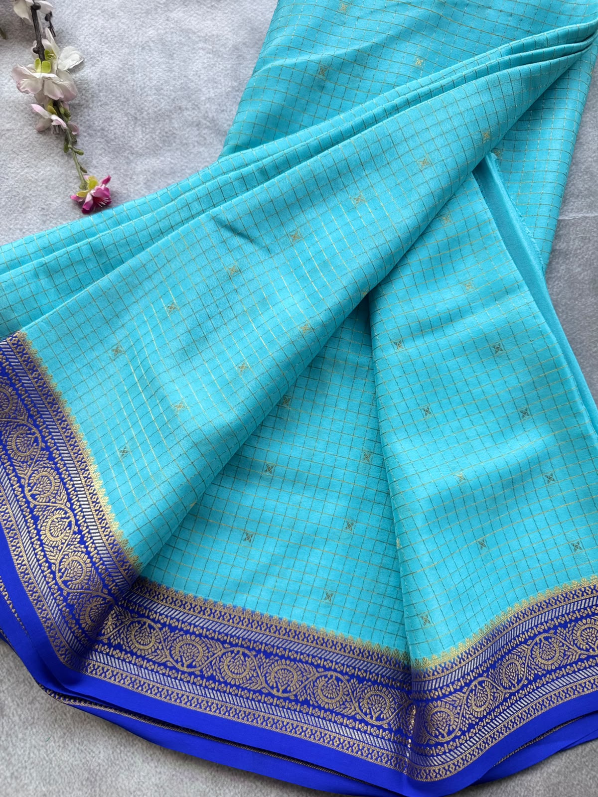 Blue GJ Checks Pure Mysore Crepe Silk Saree 109