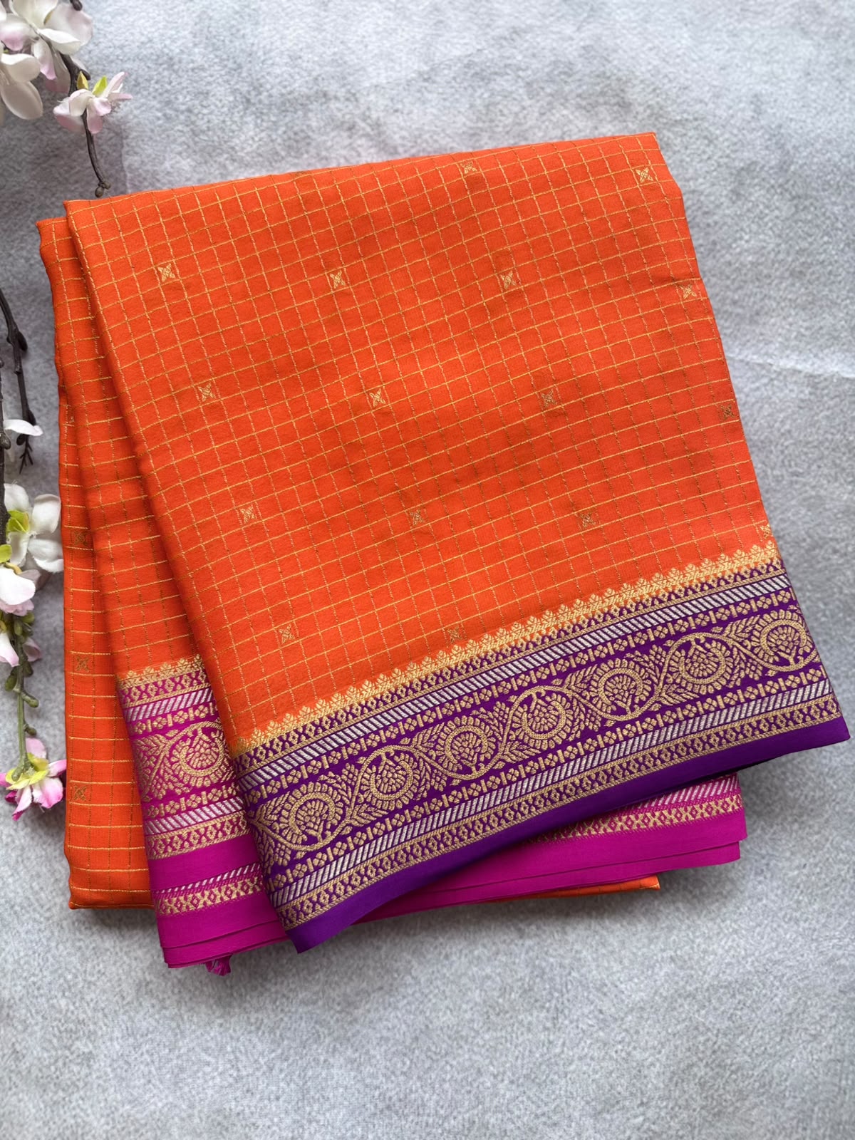 Orange GJ Checks Pure Mysore Crepe Silk Saree 109