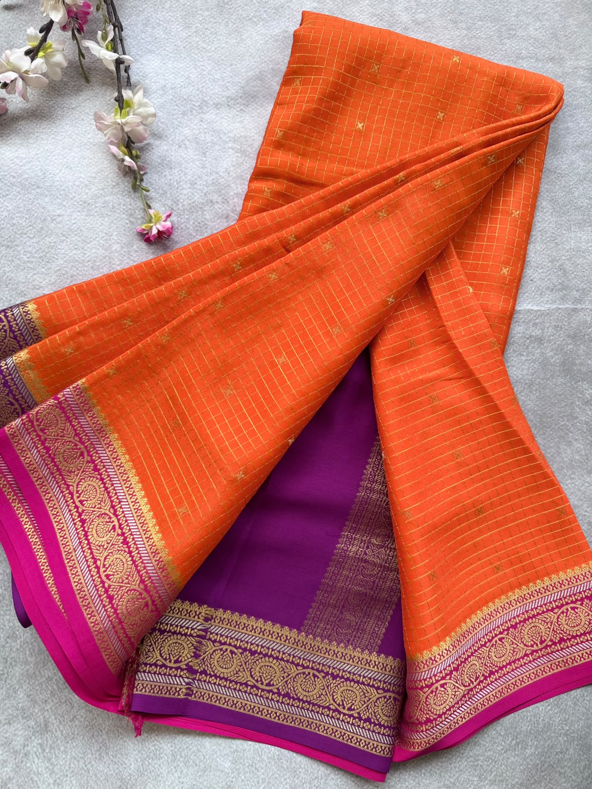 Orange GJ Checks Pure Mysore Crepe Silk Saree 109