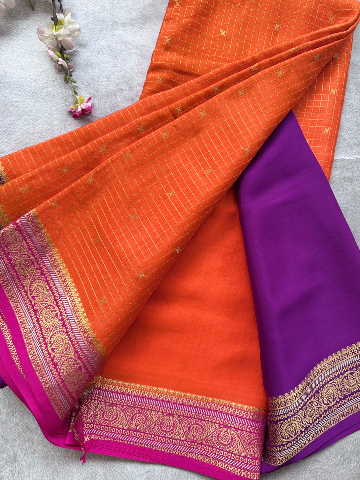 Orange GJ Checks Pure Mysore Crepe Silk Saree 109