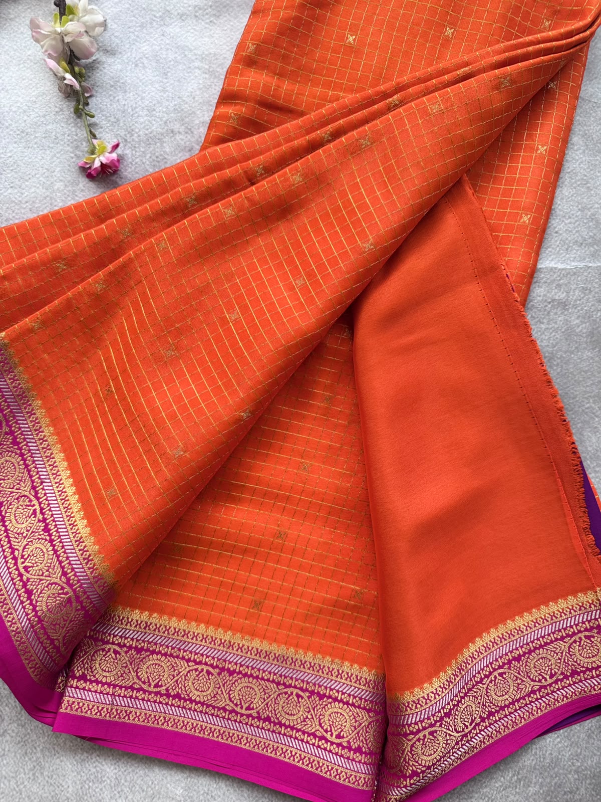 Orange GJ Checks Pure Mysore Crepe Silk Saree 109