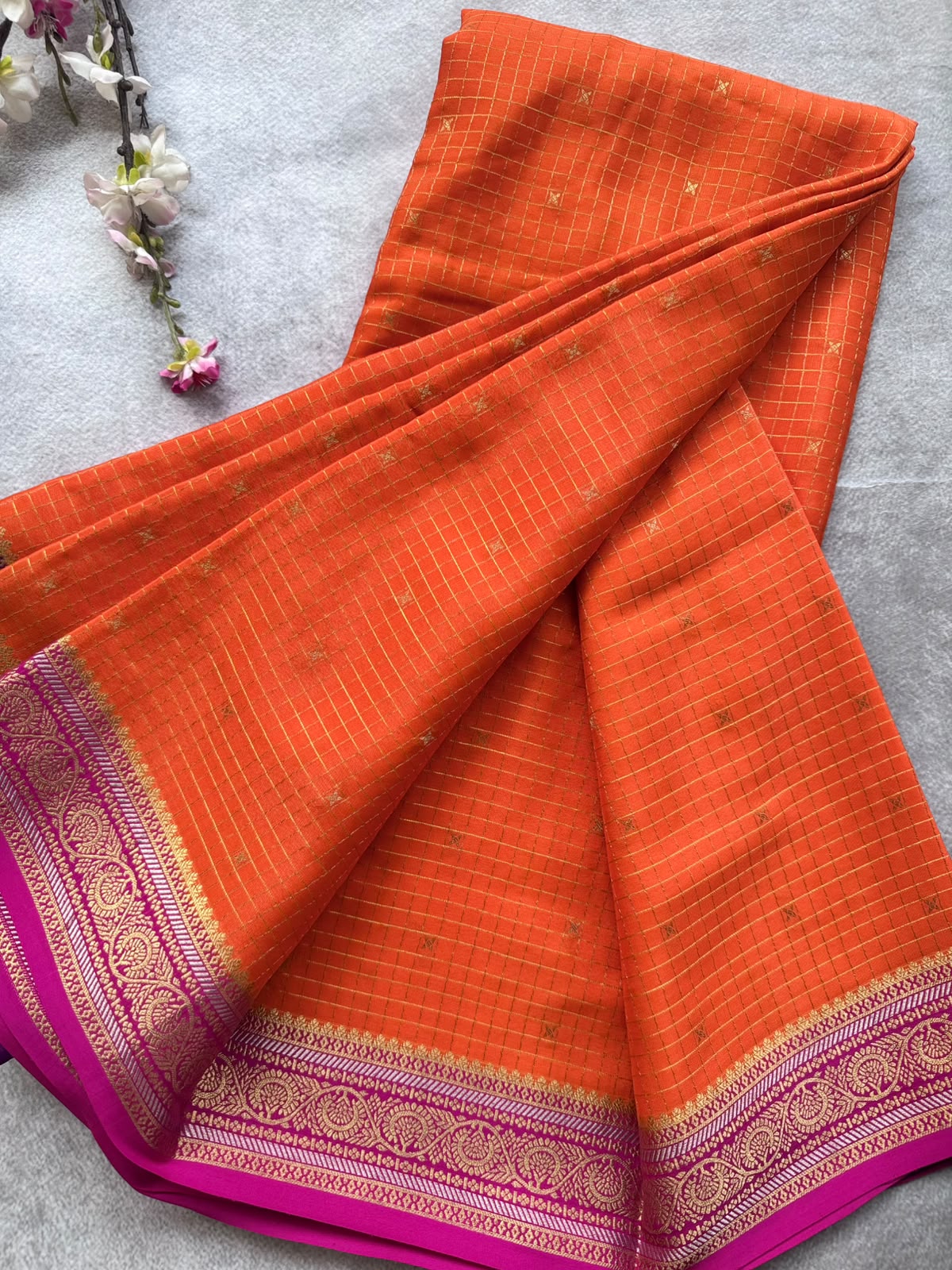 Orange GJ Checks Pure Mysore Crepe Silk Saree 109