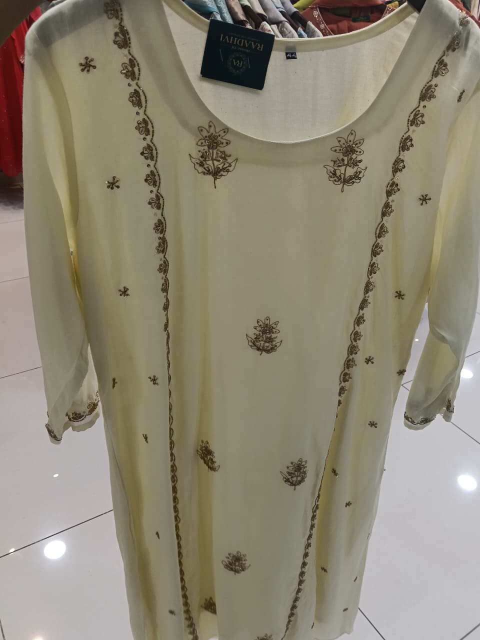 Cream Mul Chanderi Hand Embroidery Airline Kurtha 392