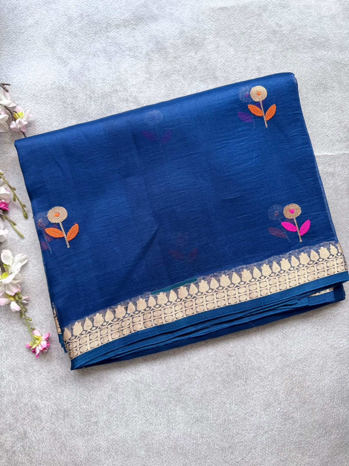 Peacock Blue Pure Kora Organza Silk Saree 109