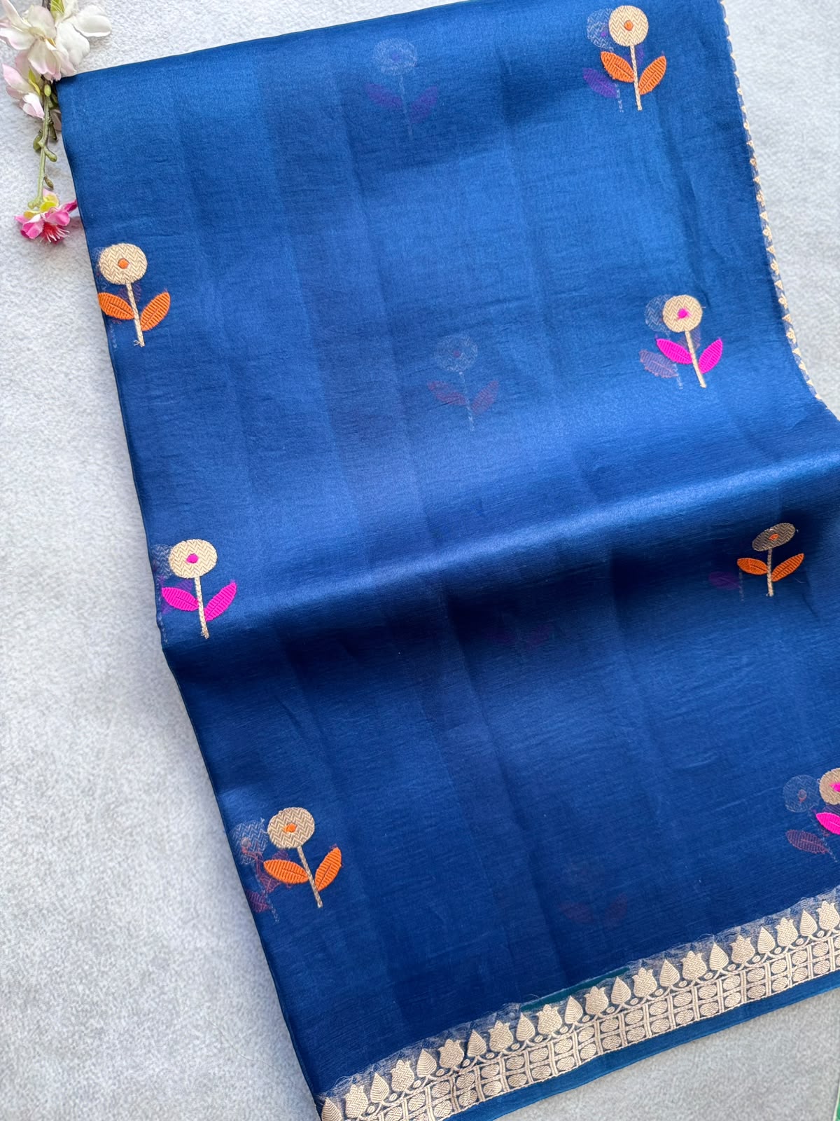 Peacock Blue Pure Kora Organza Silk Saree 109