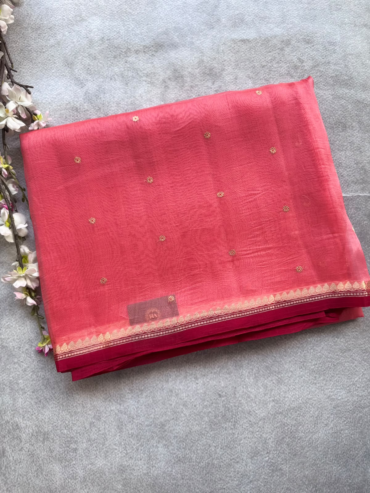 Pastel Peach Pink Pure Kora Organza Silk Saree 109