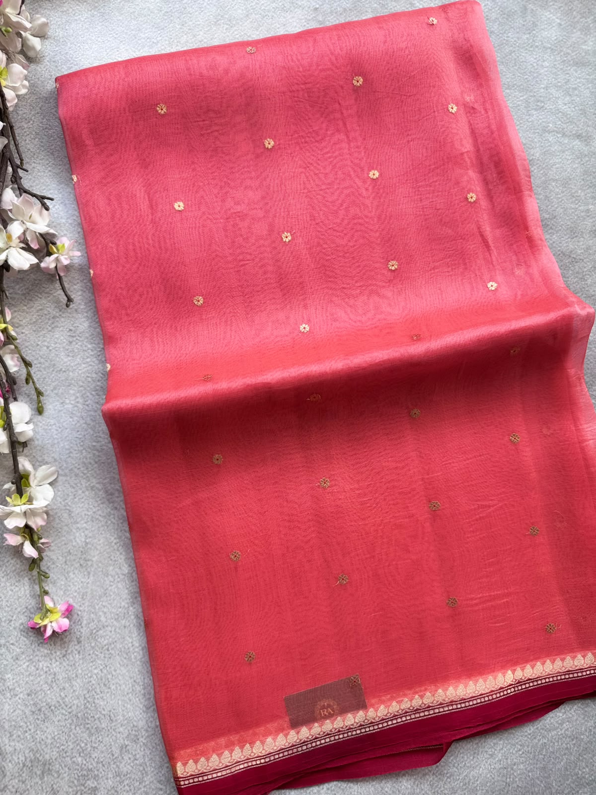 Pastel Peach Pink Pure Kora Organza Silk Saree 109