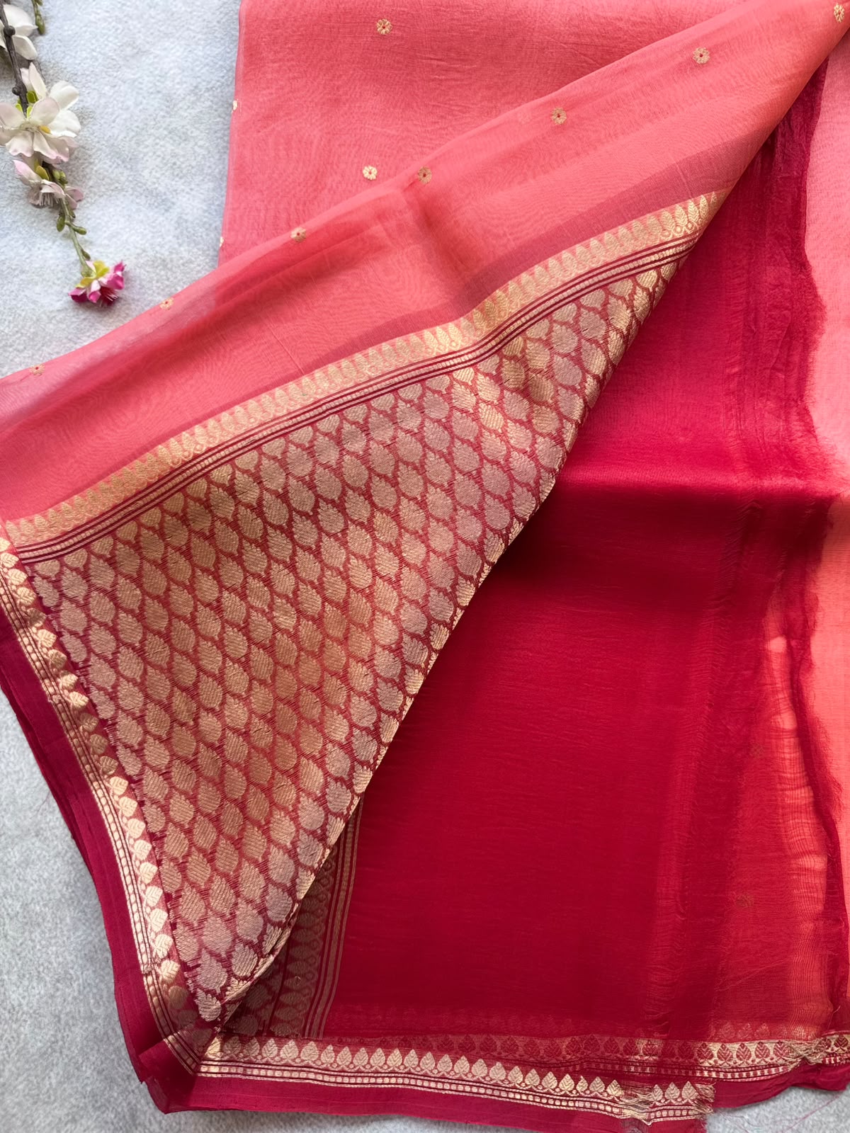 Pastel Peach Pink Pure Kora Organza Silk Saree 109