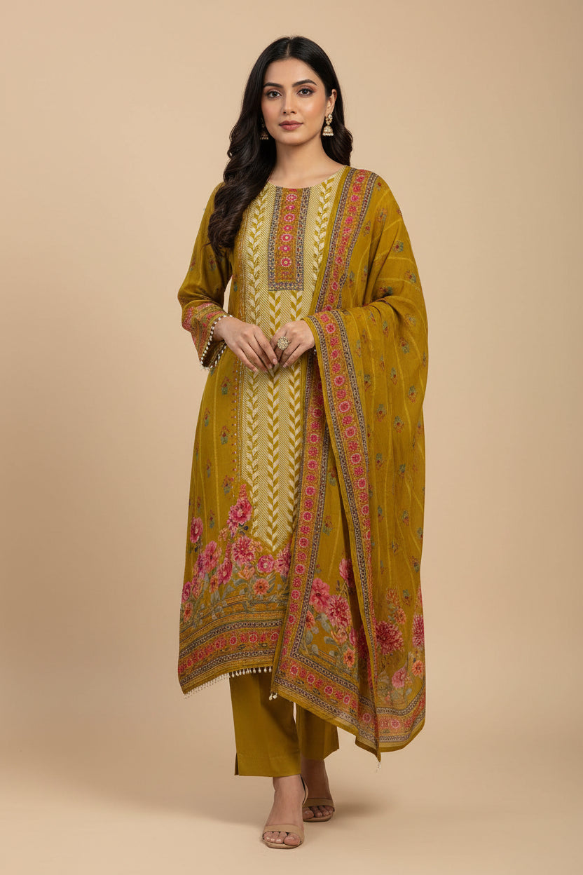Yellow Crepe Digital Print Airline Kurtha 212