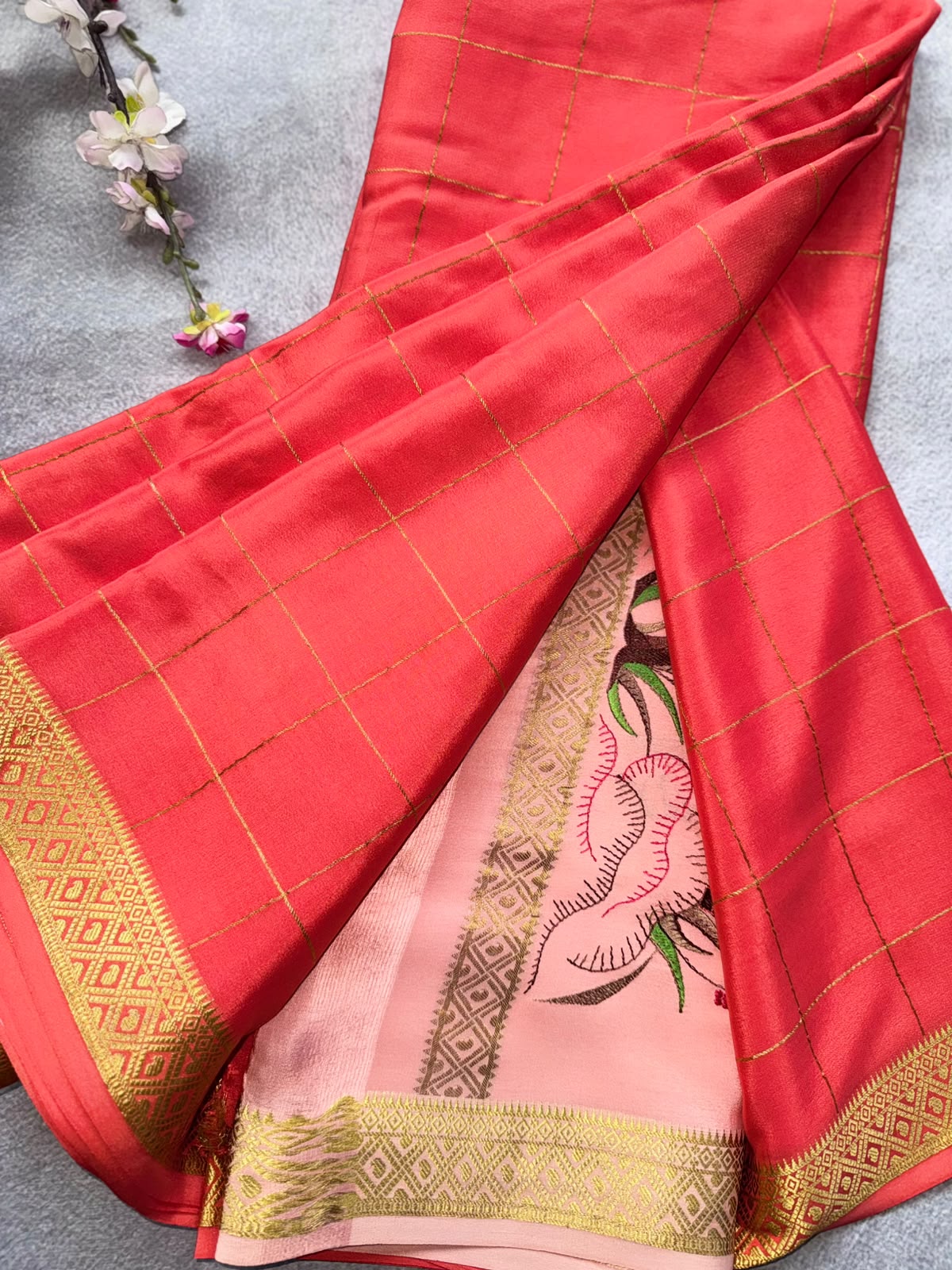 Red Orange Embroidery Pallu Pure Mysore Crepe Silk Saree 109