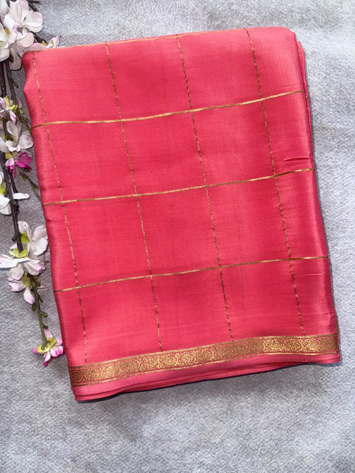 Peach Checks Pure Mysore Crepe Silk Saree 109