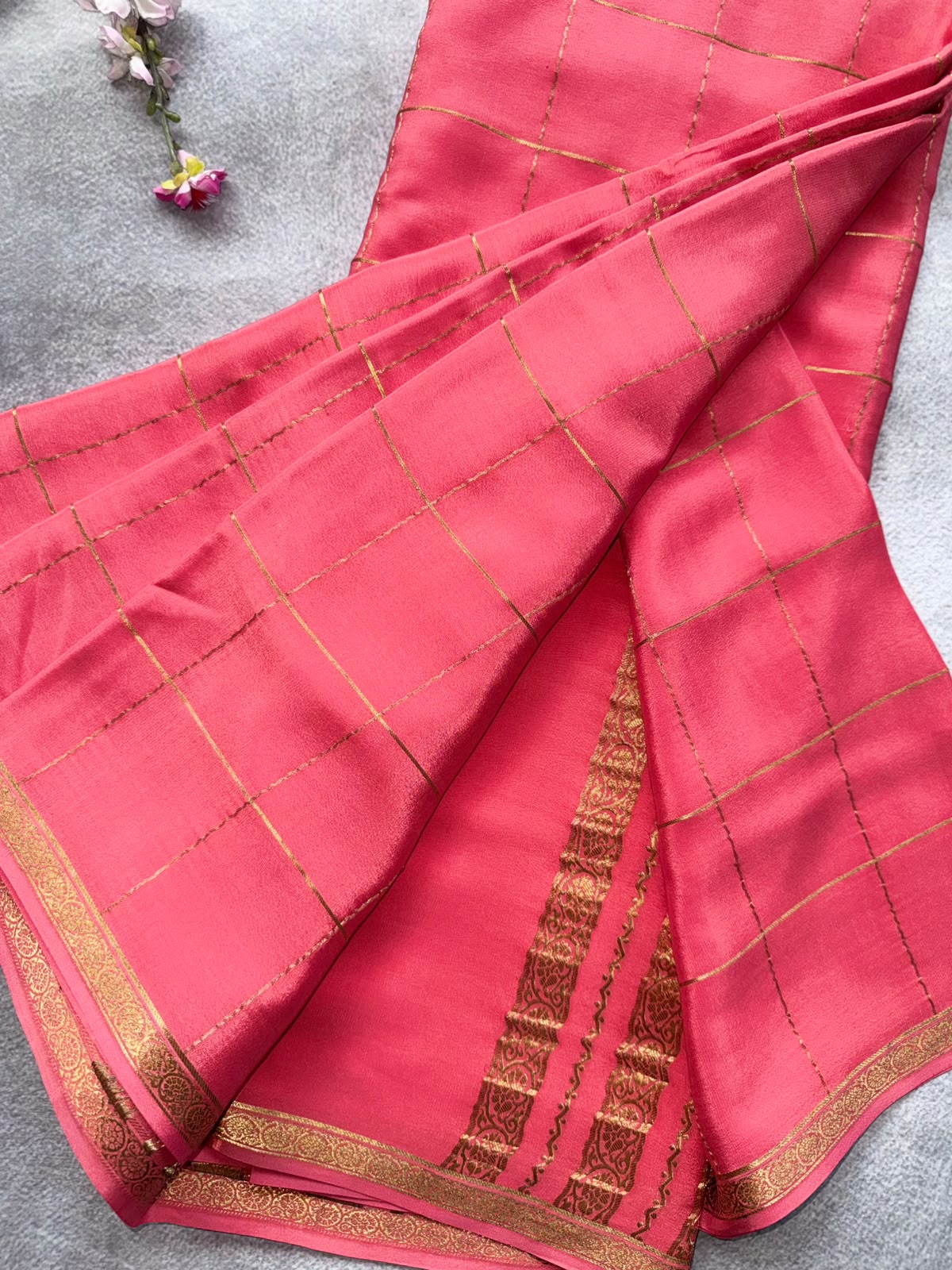 Peach Checks Pure Mysore Crepe Silk Saree 109
