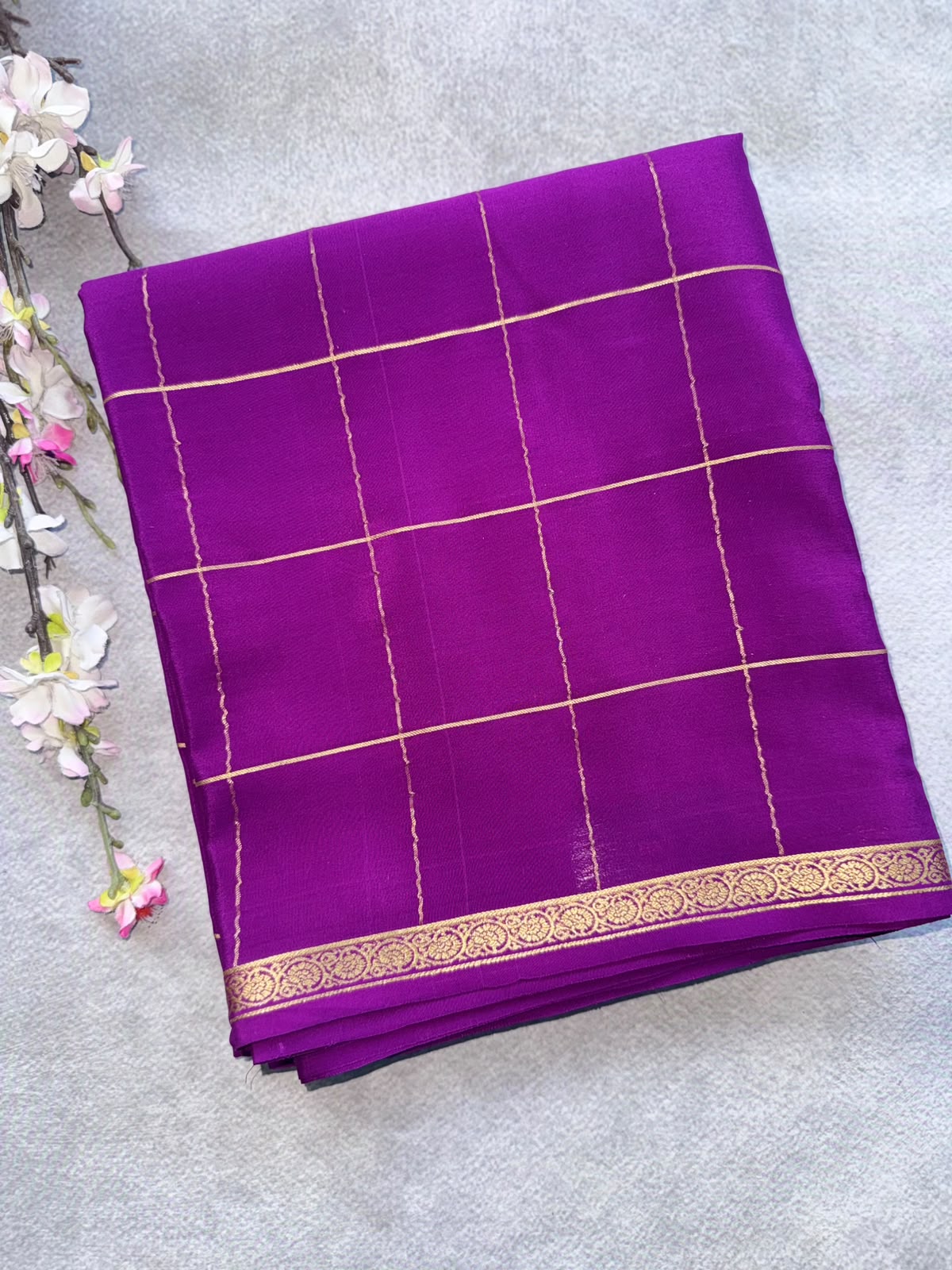 Magenta Checks Pure Mysore Crepe Silk Saree 109